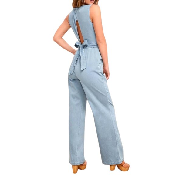 Jack by BB Dakota Suko Blue Chambray Jumpsuit Wide Leg - Picture 3 of 16